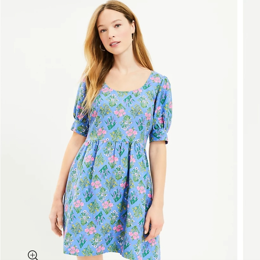 Loft Floral U Neck Puff Sleeve Dress Size 4